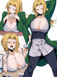 1girls alcohol angry arm_behind_head big_breasts black_pants blonde_hair blush bottle breast_rest breasts breasts_on_table brown_eyes busty choko_(cup) cleavage clothed_female collarbone colored_nails cup curvy desk drunk facial_mark female female_only forehead_jewel forehead_mark green_jacket haori highres holding_object huge_breasts intoxicated jacket japanese_clothes kimono large_breasts light-skinned_female light_skin lipstick long_hair makeup mature mature_female multiple_views nail_polish naruto naruto_(classic) naruto_(series) naruto_shippuden no_bra off_shoulder pale-skinned_female pale_skin pants red_nails sake sake_bottle shounen_jump simple_background solo solo_female solo_focus suzusiigasuki table tsunade white_background