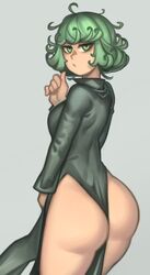 1girls ass between_ass butt dress_between_buttocks female female_only green_eyes green_hair holding_object_between_buttocks kelvin_hiu looking_at_viewer looking_back no_panties one-punch_man solo standing tagme tatsumaki