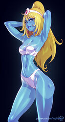 1girls alien alien_girl alternate_version_available blonde_hair blue_skin bra cleavage cocked_hip daft_punk earrings eyelashes female female_only hands_behind_head interstella_5555 kajinman leijiverse long_hair looking_at_viewer navel panties pinup pinup_pose posing skinny smile solo stella_(interstella_5555) underwear