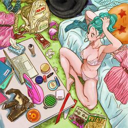 1girls backpack bag bed blue_eyes blue_hair bra breasts bulma_briefs b面 casual cleavage computer dragon_ball dragon_ball_(classic) dragon_ball_(object) electronics female female_only firearm gun hair_tie handgun holding_hair holster human laptop makeup messy_room navel panties potato_chips shounen_jump sitting sitting_indian_style solo teenager tying_hair underwear weapon