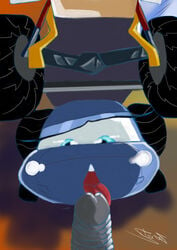 blue_body blue_eyes car cars_(film) disney double_penetration eyes_half_open headlights imminent_oral living_car living_machine penis pixar sally_carrera tongue_out