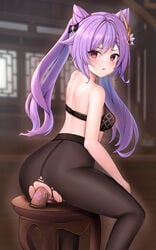 1girls anal anal_masturbation anal_object_insertion anal_penetration anus ass bra chanifge dildo dildo_in_ass dildo_insertion dildo_sitting genshin_impact keqing_(genshin_impact) masturbation nopan pantyhose pussy sex_toy torn_clothes uncensored