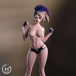 1girls 3d akali areolae big_breasts blonde_hair breasts dyed_hair earrings eyeshadow female female_only fingerless_gloves gm_studios k/da_akali k/da_series large_breasts league_of_legends lipstick looking_at_viewer multicolored_hair nipples panties ponytail purple_hair solo tied_hair topless