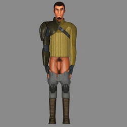 1boy 3d beard blue_eyes brown_hair cdpetee clothed clothing flaccid kanan_jarrus looking_at_viewer male_focus male_only pants_down pubic_hair short_hair simple_background smile smirk solo star_wars star_wars_rebels