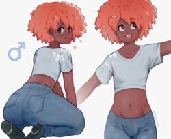 1boy afro bulge charley_davis clothed crop_top dark-skinned_femboy dark-skinned_male dark_skin femboy fully_clothed girly jeans looking_back male male_only ms_pigtails original pink_hair presenting presenting_hindquarters smile solo tagme