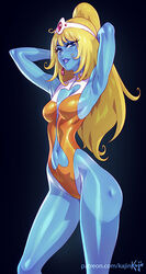 1girls alien alien_girl alternate_version_available blonde_hair blue_skin cocked_hip daft_punk earrings eyelashes female female_only hands_behind_head interstella_5555 kajinman leijiverse leotard long_hair looking_at_viewer navel pinup pinup_pose posing skinny smile solo stella_(interstella_5555)