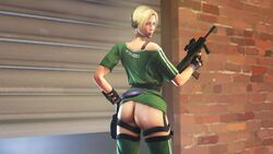 1girls 3d akatomasu ass blonde_hair blue_eyes clothed female female_focus female_only green_clothing gun headphones hi_res highres holding_weapon iq_(rainbow_six) looking_at_viewer looking_back mature milf military outdoors outside pants partially_clothed pose rainbow_six rainbow_six_siege soldier source_filmmaker straps tracksuit wall weapon