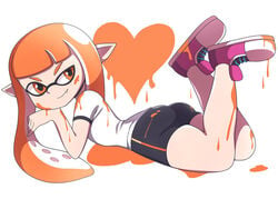 1girls abysswatchers animal_humanoid anthro ass bike_shorts cephalopod cephalopod_humanoid clothed fully_clothed humanoid inkling inkling_girl kaori_(splatoon) long_orange_hair looking_back lying_on_stomach mask_(marking) nintendo orange_hair orange_inkling_girl pointy_ears pseudo_hair shoes splatoon splatoon_(series) squid tentacle tentacle_hair white_background white_shirt