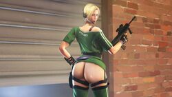 1girls 3d akatomasu ass blonde_hair blue_eyes clothed female female_focus female_only green_clothing gun headphones hi_res highres holding_weapon iq_(rainbow_six) looking_at_viewer looking_back mature milf military outdoors outside pants partially_clothed pose rainbow_six rainbow_six_siege soldier source_filmmaker straps tracksuit wall weapon