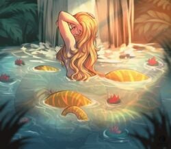 1girls arms_up artist_logo artist_name back bathing blonde_hair breasts curly_hair from_behind hair_censor lamia lily_pad long_hair looking_at_viewer looking_back medium_breasts mirtilo monster_girl naga nature nude original partially_submerged pond smile snake solo water waterfall yellow_eyes