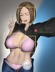 big_breasts blue_eyes breasts brown_hair busty female female_focus female_only hourglass_figure nail_polish navel navel_piercing piercing pink_corpse pinup pinup_pose pose posing samsung samsung_sam selfie short_hair solo tongue tongue_out tongue_piercing wide_hips wink winking