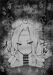 1boy 1girls :>= big_breasts big_penis black_and_white blowjob blush censored dark-skinned_male dark_skin detailed_background drooling eliza_(shaman_king) eyelashes fellatio ghost headband heart human indoor inside kurotama long_hair looking_at_viewer male male_pov oral oral_sex room saliva shaman_king shiny shiny_skin sketch sound_effects squatting sweat text vein veins veiny veiny_penis