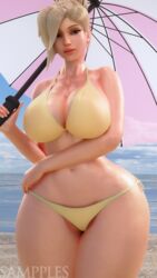 1girls 3d bikini female female_focus female_only holding_umbrella large_breasts looking_at_viewer mercy overwatch sampples smile solo solo_female umbrella voluptuous wide_hips