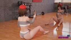 3d blender dead_or_alive dead_or_alive_xtreme_venus_vacation exposed_breasts exposed_pussy gym mirror panties_aside sanmie3d selfie solo tagme tsukushi_(doa)