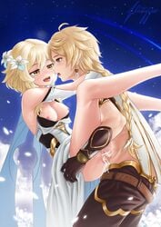 1boy 1girls aether_(genshin_impact) breasts brother_and_sister censored chernyyvo cum cum_in_pussy dress genshin_impact hoyoverse incest lumine_(genshin_impact) mihoyo nipples no_bra nopan open_shirt penis pussy sex skirt_lift twincest twins