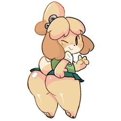 animal_crossing ass asskoh bottom_heavy bottomless canid canine canis clothed clothing dat_ass female fur furry furry_only huge_ass isabelle_(animal_crossing) large_ass looking_back nintendo shortstack solo tail thick_thighs thunder_thighs v video_games wide_hips wink