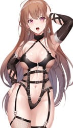 1girls adjusting_hair armpits assertive azur_lane bangs bdsm_outfit belt black_corset black_garter_straps black_latex black_latex_corset bondage bondage_outfit breasts brown_hair bustier christie_(doa)_(cosplay) cleavage clothing_cutout corset cosplay dead_or_alive dominatrix earrings elbow_sleeve eyebrows_visible_through_hair female female_only femdom fishnet fishnet_corset fishnet_stockings fishnets garter_straps hand_on_head hand_on_hip haneramu harness high_resolution hoop_earrings jean_bart_(azur_lane) jewelry large_breasts latex_armwear latex_corset leotard light-skinned_female light_skin lingerie long_brown_hair long_hair navel navel_cutout no_bra open_mouth pink_eyes revealing_clothes solo standing stockings thighhighs thighs very_high_resolution vichya_dominion_(azur_lane) white_background