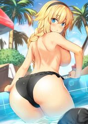 big_breasts bikini_bottom birds black_panties blonde_hair blue_eyes blue_sky blush braid braids bush clouds fate/grand_order fate_(series) female highres human jeanne_d'arc_(fate) jeanne_d'arc_(swimsuit_archer) large_breasts looking_back panties plant pool solo_female topless trees tropical water white_skin