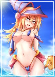 1girls belly bikini blonde_hair blue_eyes breasts cute_fang dark_magician_girl eyebrows eyebrows_visible_through_hair female female_only heart-shaped_pupils navel open_mouth open_smile rhymeruru smile solo thong thong_bikini three-quarter_portrait three-quarter_view water yu-gi-oh!