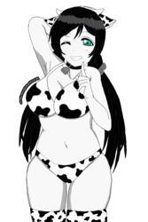 1girls arm_up artist_request bell_collar big_breasts black_hair breasts choker cleavage cow_girl cow_print cow_print_bikini cow_print_thighhighs cowbell female female_only green_eyes large_breasts love_live! love_live!_school_idol_project monochrome mostly_monochrome solo toujou_nozomi twintails