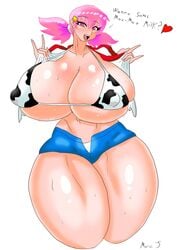 1girls alternate_breast_size artist_signature big_breasts bikini blush breasts cleavage collarbone cow_print cow_print_bikini eyebrows_visible_through_hair eyelashes female female_only gym_leader heart heart-shaped_pupils huge_breasts human human_only looking_at_viewer marcormen midriff nintendo nipple_bulge open_mouth pink_eyes pink_hair pokemon pokemon_gsc shirt_lift short_hair short_shorts shorts smile solo solo_female standing talking_to_viewer text thick_thighs underboob voluptuous whitney_(pokemon) wide_hips