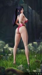 1girls 3d ass back_view battle_bunny_irelia big_ass black_hair blue_eyes female female_only irelia_xan large_breasts league_of_legends leotard long_hair looking_at_viewer looking_back meltrib ponytail sideboob solo