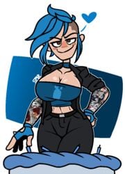 belt big_breasts blue_hair breasts brown_eyes cake collar exposed_breasts gloved gloves hand_on_hip heart jacket overkill_software partyonhat payday_(series) payday_2 punk revealing_clothes smirk smug sydney_(payday_2) tagme tattoo tattoos