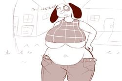 animal_crossing anthro belly belly_overhang big_breasts bottomwear breasts canid canine cherry_(animal_crossing) clothed clothing denim denim_clothing domestic_dog fawxythings female female_focus jeans mammal navel nintendo overweight overweight_anthro overweight_female pants solo text underboob