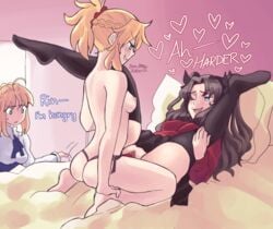 3girls artoria_pendragon ass blonde blonde_hair blush english_dialogue fate/stay_night fate_(series) femdom femsub legs_up looking_pleasured mordred_(fate) multiple_girls naked no_panties nude nude_female one_eye_closed saber skirt_up spread_legs strap-on strapon thighhighs tohsaka_rin vaginal_penetration yuri yurifucker