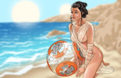 ball bandage bandaged_arm beach beach_ball black_hair blue_eyes eyes female iyiythicink kneeling large_breasts looking_at_viewer on_ground open_eyes pose rey sand see-through see-through_clothing shiny_skin solo star_wars water