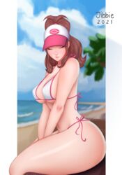 1girls 2021 ass beach big_ass big_breasts bikini breasts brown_hair closed_eyes female hat hilda_(pokemon) jibbie_(artist) long_hair nintendo pokemon pokemon_bw ponytail thick_thighs voluptuous wide_hips