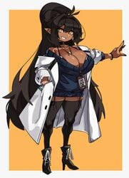 1girls big_breasts black_hair breasts choker coat dark-skinned_female dark_elf dark_hair dark_skin doctor elf elf_ears elf_female eyebrows_visible_through_hair female female_only hand_in_pocket high_heel_boots high_heels hips huge_breasts labcoat large_breasts long_hair long_ponytail looking_at_viewer mole mole_on_breast mole_on_thigh orange_eyes original painted_nails pointy_ears ponytail river_(zanamaoria) smile smiling solo solo_female sweater thick thick_thighs thighhighs thighs wide_hips zanamaoria