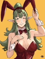 1girls aged_up alternate_costume bare_shoulders breasts bunny_ears bunny_girl bunnysuit english_commentary female female_only fire_emblem fire_emblem_awakening green_eyes green_hair highres large_breasts leotard long_hair looking_at_viewer nintendo one_eye_closed playboy_bunny pointy_ears ponytail red_leotard sakuremi smile solo strapless strapless_leotard tiara tiki_(adult)_(fire_emblem) tiki_(fire_emblem) wrist_cuffs