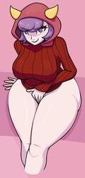 big_ass big_breasts blush blushing courtney_(pokemon) cropped edit eyebrows_visible_through_hair eyelashes female female_focus female_only game_freak heart-shaped_pupils hoodie horns legs_crossed light-skinned_female light_skin looking_at_viewer maniacalfork nintendo pokemon pokemon_rse purple_eyes purple_hair smile solo solo_female solo_focus sweater thick_thighs thighs video_games wide_hips