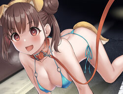 all_fours animal_ears ass bangs bikini blue_bikini blush breasts brown_eyes brown_hair cleavage collar covered_erect_nipples dog_ears dog_tail double_bun fake_animal_ears fake_tail female heart heart-shaped_pupils heavy_breathing idolmaster idolmaster_shiny_colors large_breasts leash long_hair o-ring o-ring_bikini outdoors pet_play red_collar side-tie_bikini smile solo sonoda_chiyoko string_bikini swimsuit symbol-shaped_pupils tail tamagomikan thong_bikini tongue tongue_out twintails