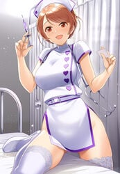 1girls blush bottomless brown_eyes brown_hair female groin houjou_karen idolmaster idolmaster_cinderella_girls indoors mk_(mod0) nurse nurse_cap nurse_uniform short_hair syringe thighhighs thighs