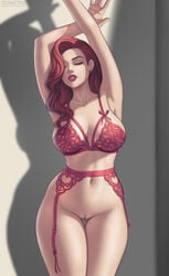 arms_up belly_button big_breasts bottomless bra breasts closed_eyes disney earrings female flowerxl garter_belt garter_straps hairless_pussy jessica_rabbit lace-trimmed_bra lingerie lipstick navel picot_trim picot_trim_bra posing pussy red_hair shaved_pussy thick_thighs thigh_gap who_framed_roger_rabbit