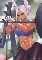 1girls abs bunny_ears clothed clothed_female clothes clothing dark-skinned_female dark_skin dumbbell exercise female female_only fully_clothed gym hair_bun large_breasts miruko muscular_female my_hero_academia navel rabbit_ears rabbit_girl red_eyes rumi_usagiyama shounen_jump six_pack smile solo sports_bra sportswear sweat sweatdrop sweating tied_hair tongue_out training weightlifting weights white_hair workout workout_clothes yoga_pants zanzagen