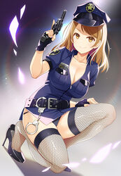 1girls brown_eyes brown_hair cleavage clothing female female_only fingerless_gloves firearm fishnet_thighhighs fishnets footwear gun handcuffs handgun heels high_heels houjou_karen human idolmaster idolmaster_cinderella_girls legs legwear looking_at_viewer mk_(mod0) pale_skin police police_hat police_officer police_uniform policewoman revolver smile thighs weapon