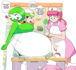 1boy 3girls belly belly_focus big_breasts blue_eyes breasts brendan_(pokemon_emerald) chansey clothing dialogue dr-worm female female_focus female_pred female_prey flustered game_freak gardevoir green_hair gurgle huge_belly hyper_belly lewdlemage light-skinned_female light-skinned_male light_skin looking_back male may_(pokemon) may_(pokemon_emerald) nintendo nurse nurse_cap nurse_joy nurse_uniform onomatopoeia pink_hair pokémon_(species) pokemon pokemon_(species) pokemon_rse pokemon_trainer poking_stomach red_eyes speech_bubble tagme text vore