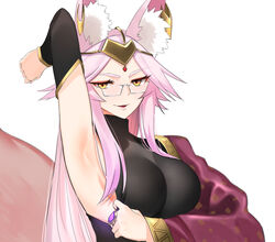 absurdres animal_ear_fluff animal_ears arm_behind_head arm_up armpits bangs blush breasts circlet clothes_pull detached_sleeves earrings fate/grand_order fate_(series) female fox_ears fox_girl fox_tail glasses highres indian_clothes jewelry koyanskaya_(fate) large_breasts long_hair looking_at_viewer parted_bangs parted_lips pink_hair ring saru_(pixiv13751598) shirt_pull sidelocks sleeveless smile solo tail white_background yellow_eyes