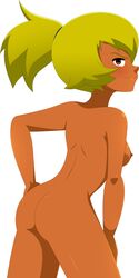 1girls ass brown_eyes brown_skin female green_hair naked nipples nude sadida short_hair sideboob solo stiky_finkaz wakfu white_background