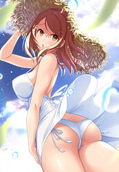 1girls ass blush breasts brown_eyes brown_hair dress female houjou_karen idolmaster idolmaster_cinderella_girls mk_(mod0) panties side-tie_panties straw_hat summer_dress underwear white_panties