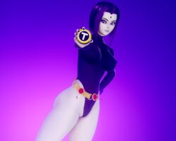 1girls 3d 3d_(artwork) belt black_nails bob_cut breasts clothed clothing dc dc_comics eyeshadow female female_only forehead_jewel goth grey_skin hi_res holding_object honey_select illusion_soft leotard looking_at_viewer meish purple_eyes purple_hair purple_leotard rachel_roth raven_(dc) solo solo_focus superheroine teen_titans thick_thighs