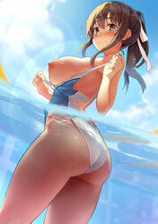 1girls alternate_version_available amamiya_natsumi areolae arm_behind_back ass back backless_outfit backless_swimsuit beach big_ass big_butt big_thighs blue_eyes blue_sky blush breasts breasts_out breasts_out_of_clothes brown_hair closed_mouth clothed clothes clothing clouds cowboy_shot eyebrows eyebrows_visible_through_hair female female_focus female_only hair hair_between_eyes hair_ribbon hands_up hi_res high_resolution highres kekemotsu long_hair looking_at_viewer looking_back nipples one-piece_swimsuit one_arm_behind_back outdoor outdoors partially_submerged presenting presenting_breasts ribbon shiny_skin sideboob sky smile smiling solo solo_female solo_focus sweat sweatdrop swimsuit swimsuit_pull thighs tied_hair undressing