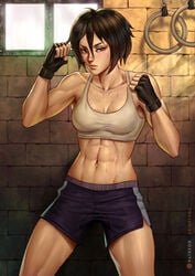 1girls 2020s 2021 abs alternate_version_available arimatang asian asian_female athletic attack_on_titan black_fingerless_gloves black_gloves black_hair black_handwear breasts brick_wall dark_hair dolphin_shorts female female_focus female_only fight_pose fighting_stance fingerless_gloves fists fully_clothed gloves hair_between_eyes indoors looking_at_viewer mikasa_ackerman muscles muscular muscular_arms muscular_female pose serious short_hair shorts side_slit six_pack solo solo_female solo_focus sports_bra standing sweat sweatdrop two_tone_bottomwear watermark white_sports_bra