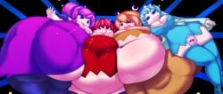 4girls belly blinky blinky_(pac-man) blue_eyes blue_hair breasts censored_pussy chubby cleavage cleavage_cutout clyde clyde_(pac-man) dress fat female female_focus female_only glasses hips imcoffeecakes inky inky_(pac-man) large_breasts long_hair multiple_girls namco orange_hair pac-man_(series) pac-man_ghost_dance_(minus8) pinky pinky_(pac-man) purple_hair red_hair short_hair thick_thighs thighs wide_hips