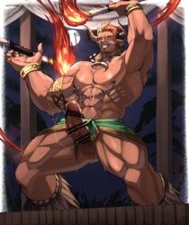 1boy abs armlet armpits bar_censor bara bellsaltr censored dark-skinned_male dark_skin draph erection facial_hair feet_out_of_frame fire goatee granblue_fantasy highres lantana_(granblue_fantasy) large_pectorals large_penis loincloth male_focus male_only mature_male muscular muscular_male nipple_chain nipples nude orange_hair pectorals penis pointy_ears short_hair smile smirk solo standing stomach sweat thick_thighs thighs tooth_necklace uncensored veins