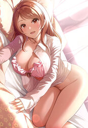 1girls bed bottomless bra breasts brown_eyes brown_hair cleavage female going_commando houjou_karen idolmaster idolmaster_cinderella_girls large_breasts looking_at_viewer lying_in_bed mk_(mod0) morning on_bed shirt thighs