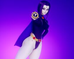 1girls 3d 3d_(artwork) belt black_nails bob_cut breasts cape clothed clothing dc dc_comics eyeshadow female female_only forehead_jewel goth grey_skin hi_res holding_object honey_select illusion_soft leotard looking_at_viewer meish purple_eyes purple_hair purple_leotard rachel_roth raven_(dc) solo solo_focus superheroine teen_titans thick_thighs